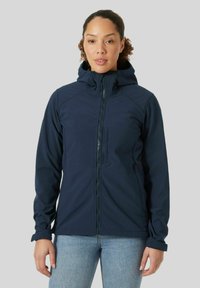 Marineblaue Outdoor-Jacke mit Kapuze, durchgehendem Reißverschluss und einer Reißverschlusstasche auf der Brust. Hergestellt aus einem glatten, leichten Stoff.