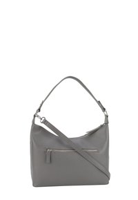 Borsa a spalla in pelle grigia con finitura testurizzata, dotata di manico superiore e una tracolla regolabile. Include una tasca frontale con zip.