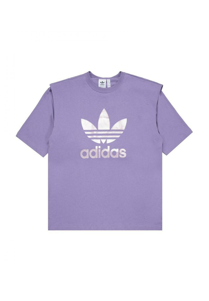 T-shirt in cotone viola con un grande logo Adidas bianco e design a tre strisce sulla parte anteriore. Maniche corte, vestibilità rilassata.