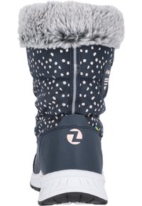 Dunkelblaue, wasserdichte Stiefel mit silbernen Punkten, einem kuscheligen grauen Kragen und einer weißen Sohle. Verfügt über ein hinteres Logo und ein strukturiertes Material.