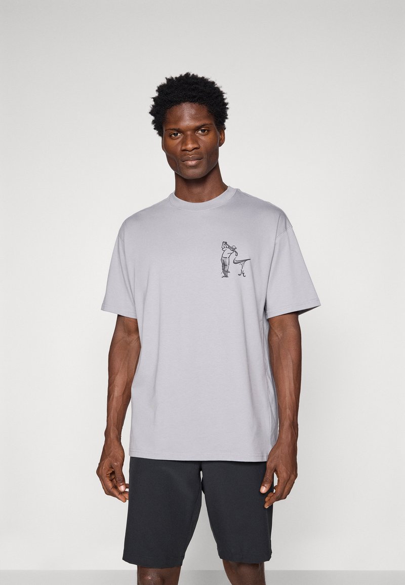Light grey cotton t-shirt with a crew neck and short sleeves, featuring a black line drawing design on the left chest area.