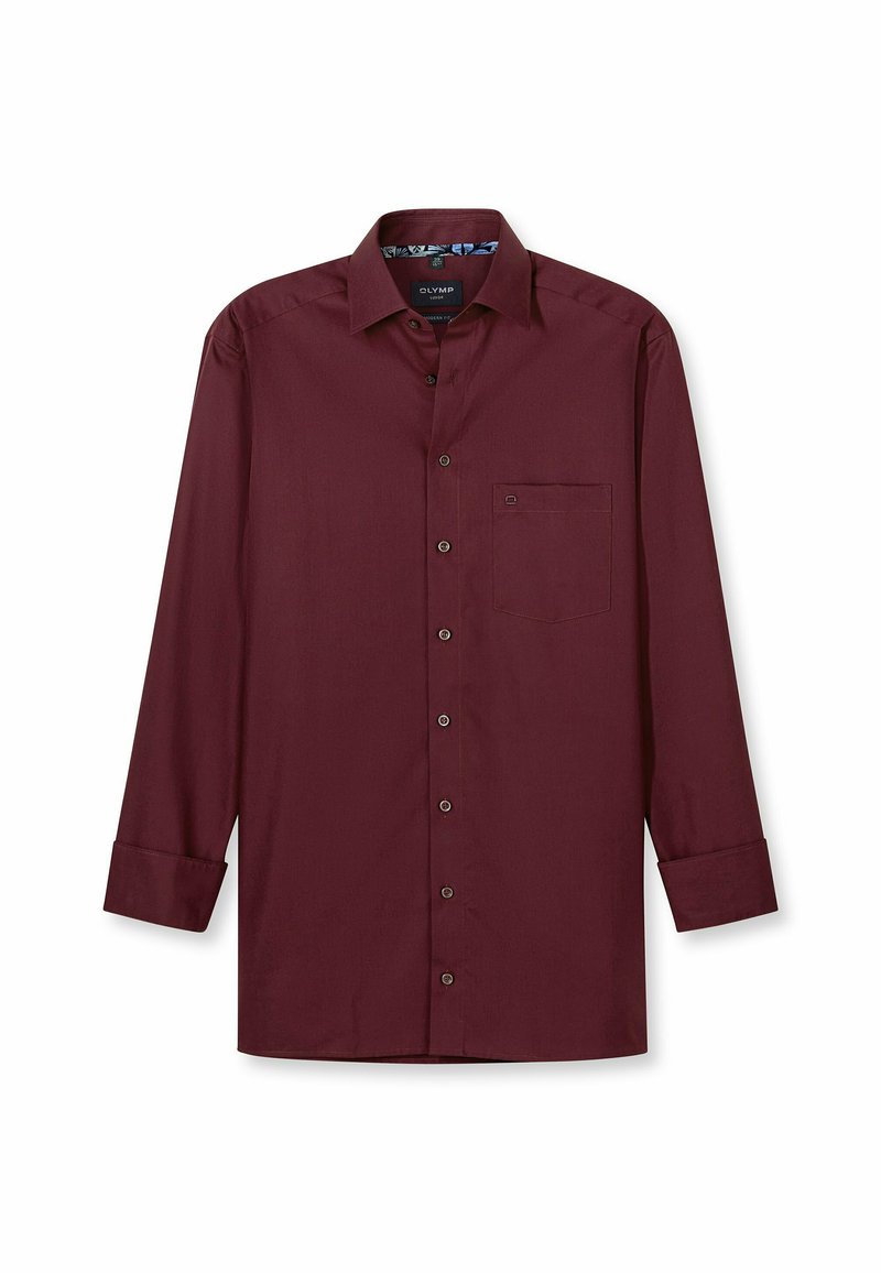 Burgunderfarbendes Langarmhemd aus einem glatten Stoff, mit spitzem Kragen, Brusttasche und Knopfverschluss.