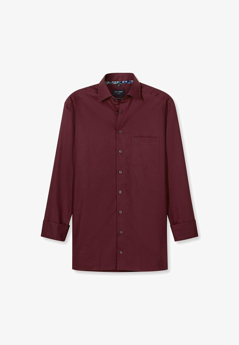 Burgunderfarbendes Langarmhemd aus einem glatten Stoff, mit spitzem Kragen, Brusttasche und Knopfverschluss.