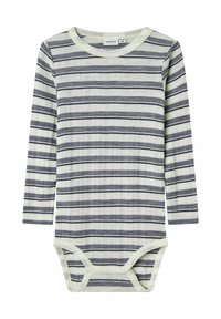 Body à manches longues rayé en gris et blanc, fabriqué en tissu doux ; présente un col rond et des fermetures à pression au bas.