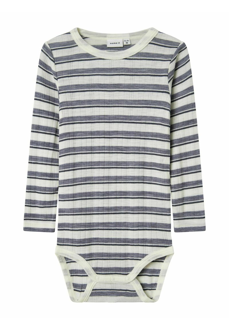 Body à manches longues rayé en gris et blanc, fabriqué en tissu doux ; présente un col rond et des fermetures à pression au bas.