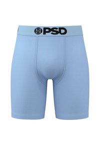Világoskék boxer alsónadrág fekete "PSD" logóval a rugalmas derekán. Simaságú anyag, testhezálló fazon, félcombig érő hosszal és látható minták nélkül.