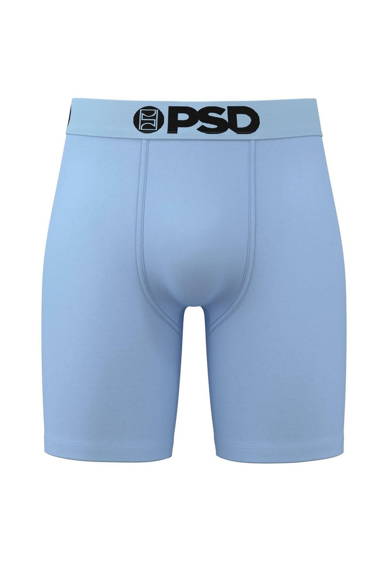 Világoskék boxer alsónadrág fekete "PSD" logóval a rugalmas derekán. Simaságú anyag, testhezálló fazon, félcombig érő hosszal és látható minták nélkül.