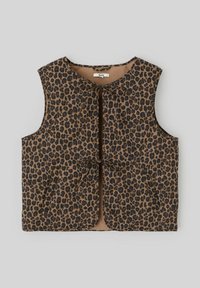 Gilet à imprimé léopard avec un tissu léger et texturé, sans manches, et une fermeture à nouer à l'avant avec un doublure intérieure beige.
