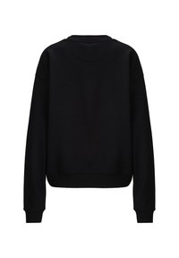 Zwarte sweatshirt, katoenmix, lange mouwen, ronde hals, ribgebreide boorden en zoom. Eenvoudig ontwerp met een losse pasvorm, geen zichtbare logo's of patronen.