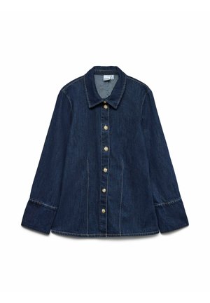 Dunkelblaue Jeansjacke mit klassischem Kragen, langen Ärmeln und sechs goldenen Knöpfen auf der Vorderseite. Dezente Stickereien setzen Akzente.