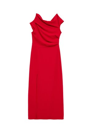 Vestido rojo sin mangas, largo hasta el suelo, con escote drapeado y una abertura frontal en el lado izquierdo, exhibido sobre un fondo blanco.