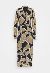 Długa sukienka z kwiatowym wzorem w beżu i granacie. Wykonana z miękkiego materiału, posiada kołnierzyk w serek oraz talię podkreśloną paskiem.