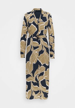 Abito lungo con motivo floreale in beige e blu navy. Realizzato in tessuto morbido, presenta una scollatura con colletto e una vita arricciata con cintura.