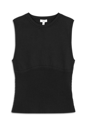 Schwarzes ärmelloses Oberteil aus einem glatten Stoff mit geripptem Design an der Taille und einem runden Halsausschnitt. Das Etikett trägt die Aufschrift "TWIST."
