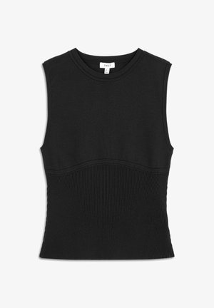 Top negro sin mangas hecho de una tela suave con textura acanalada en la cintura y escote redondo. La etiqueta dice "TWIST."