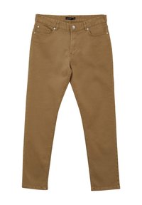 Pantaloni in cotone marrone con design a gamba dritta, stile a cinque tasche e accessori in metallo. Texture liscia e dettagli di cucitura minimi.