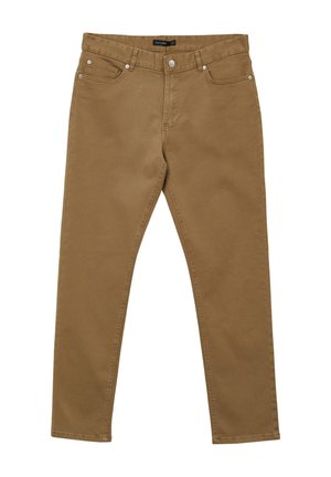 Braune Baumwollhose mit geradem Bein, Fünf-Taschen-Stil und metallischen Akzenten. Glatte Textur und minimale Nähdetails.