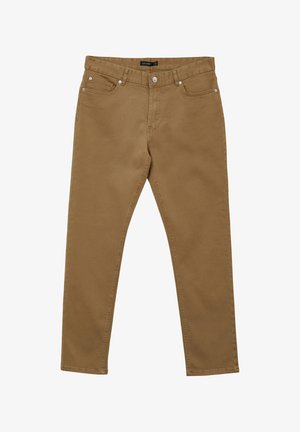 Braune Baumwollhose mit geradem Bein, Fünf-Taschen-Stil und metallischen Akzenten. Glatte Textur und minimale Nähdetails.