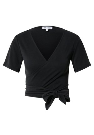 Schwarzes kurzärmeliges Wickeloberteil mit tiefem V-Ausschnitt, das an der Taille mit einem gebundenen Knoten verziert ist und eine glatte Textur aufweist. Hergestellt aus leichtem Stoff.