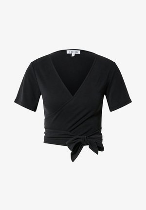 Black short-sleeve wrap top with a deep V-neck, featuring a tied knot at the waist and a smooth texture. Made from lightweight fabric.
