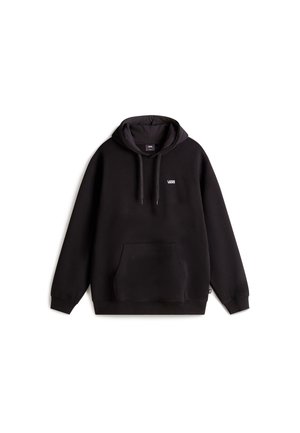 Sudadera con capucha negra de mezcla de algodón, que cuenta con un bolsillo frontal, capucha con cordón y un pequeño logo blanco en el pecho. Textura suave.
