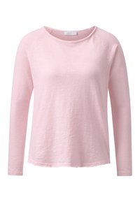 Helles rosa Langarm-T-Shirt aus einem weichen, leichten Stoff mit rundem Ausschnitt und Raglanärmeln. Es hat eine lockere Passform und keine sichtbaren Muster.
