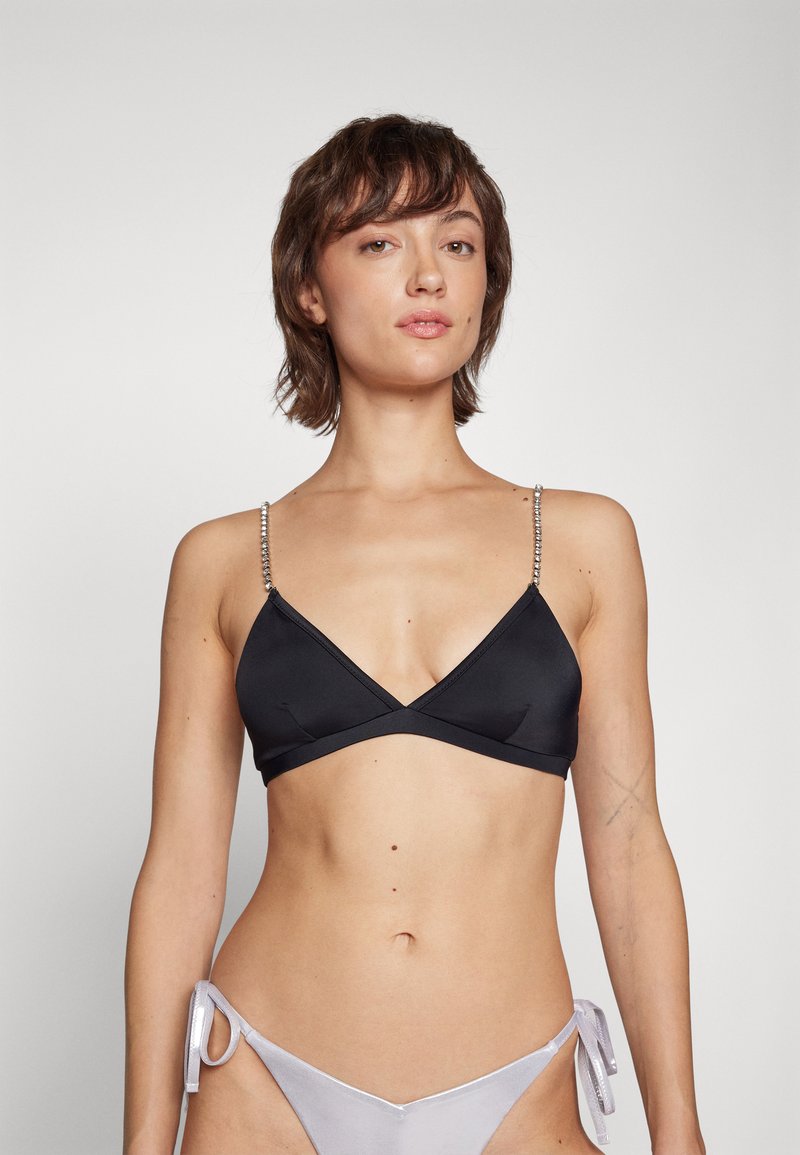 Black bikini top with V-neck design, adjustable crystal-embellished straps, and smooth fabric; paired with light gray tie-side bottom.