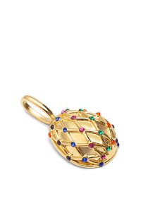 Pendentif en or en forme d'ananas, ornée d'un design en treillis, décoré de pierres précieuses étincelantes de différentes teintes.