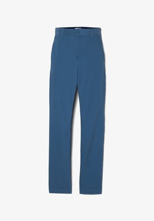 Pantaloni di cotone leggeri blu con design a gamba dritta, chiusura con bottone e tasche frontali. Texture liscia e senza motivi visibili.