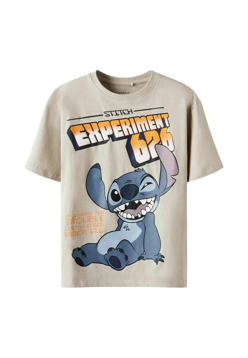 Grijze katoenen t-shirt met een grote Stitch-afbeelding. De tekst luidt "EXPERIMENT 626" in vet zwart en oranje, met daaronder aanvullende kleinere tekst.