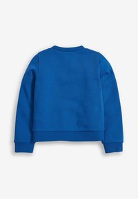 Blå sweatshirt gjord av mjukt tyg, med en ribbad rund halsringning och manschetter, i en cropped design utan ytterligare mönster eller detaljer.