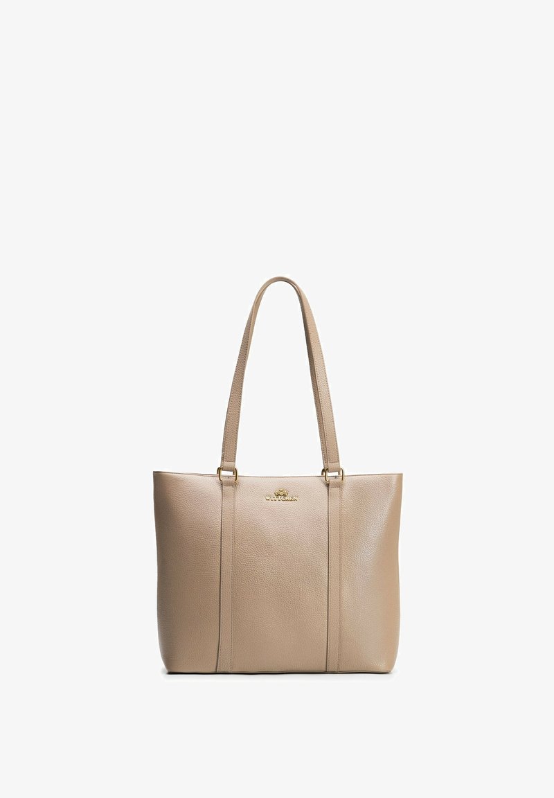 Beige leather tote bag with two narrow shoulder straps and gold Wittchen logo centered on front.