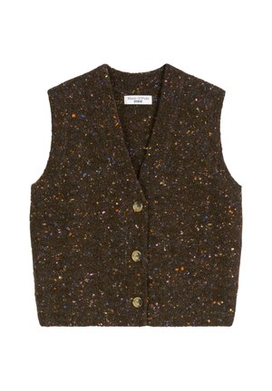 Braune Weste aus strukturiertem Stoff mit bunten Sprenkeln. Verfügt über einen V-Ausschnitt, ärmellos und mit Knopfleiste vorne. Für das Schichten konzipiert.