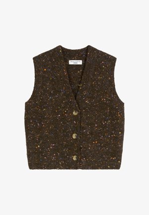 Bruin vest gemaakt van getextureerde stof met kleurrijke spikkels. Heeft een V-hals, mouwloos, en een knoopsluiting aan de voorkant. Ontworpen om te combineren in lagen.