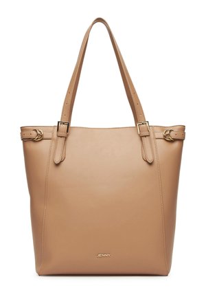 Torba na ramię ze skóry w kolorze koniakowym z podwójnymi górnymi uchwytami, złotymi klamrami i wytłoczonym logo "JENNY" na środku z przodu.