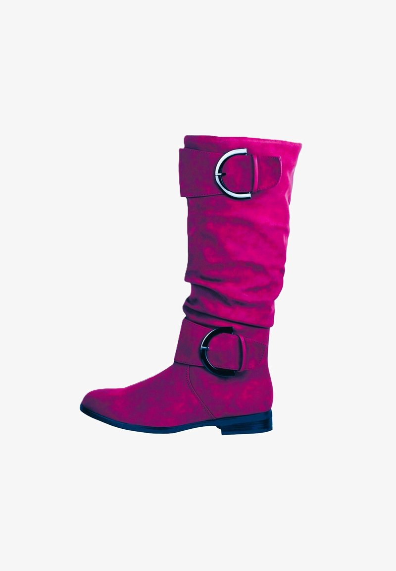 Roze suède laarzen tot aan de knie met een nonchalant ontwerp, voorzien van twee grote zilveren gespen en een lage hak. Soepele textuur en een ronde teenvorm.