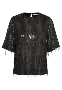 Top in paillettes nere con maniche corte, caratterizzato da un design frangiato testurizzato e un'apertura a chiave sul retro. Finitura in tessuto liscio.