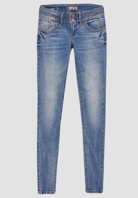 Jeans ajustados en denim azul claro con un acabado desgastado, con cinco bolsillos, cierre de doble botón y detalles de costura naranja.