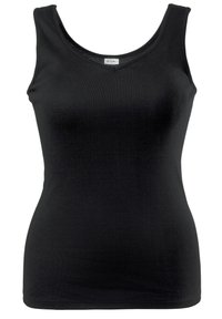 Schwarzes Tanktop aus glattem, dehnbarem Stoff. Verfügt über einen U-förmigen Ausschnitt und breite Träger, entworfen für eine figurbetonte Silhouette.