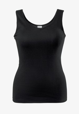 Czarna bluzka na ramiączkach wykonana z gładkiego, elastycznego materiału. Posiada dekolt w kształcie litery U oraz szerokie ramiączka, zaprojektowana w dopasowanym kroju.