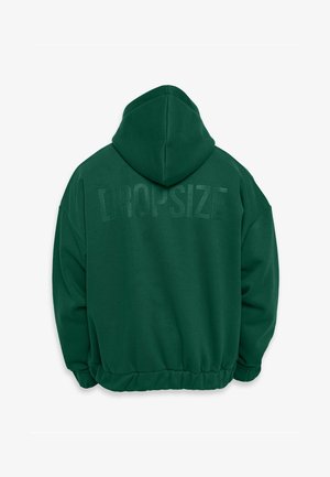 Hanorac verde cu glugă și o textură fină, având cuvântul "DROPSIZE" tipărit pe spate. Oferă un tiv elastic și o croială lejeră.