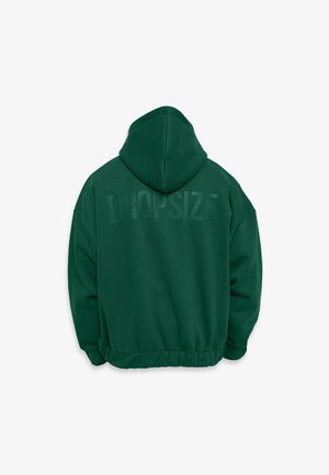 Green hooded sweatshirt with a textured finish, featuring the word "DROPSIZE" printed on the back. Elasticated hem and loose fit.