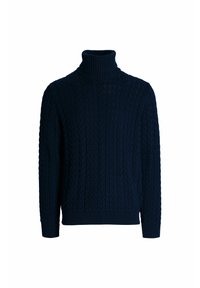 Granatowy sweter z golfem, dziany, z wzorem w warkocze, z prążkowanymi mankietami i dołem, oferujący teksturowany i przytulny wygląd.