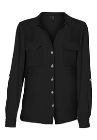 Blusa nera a maniche lunghe con chiusura a bottoni, dotata di due tasche sul petto e bottoni in tonalità argento sulle maniche. Tessuto liscio con colletto classico.