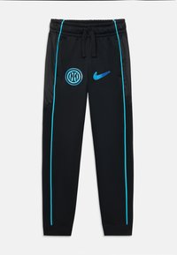 Čierne športové nohavice s svetlomodrými bočnými pruhmi, elastický pás, logo Inter Milan na ľavom stehne a modrý Nike swoosh na pravom stehne.