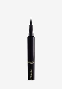 Penna per eyeliner liquido nero con una punta fine e appuntita. Presenta una finitura opaca e il testo dorato che riporta "L'Oréal Paris Perfect."