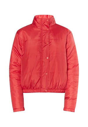 Červená péřová bunda s vysokým límcem, drukovými knoflíky a elastickým lemem. Hladká, lesklá tkanina s prošívaným vzorem po celém povrchu.