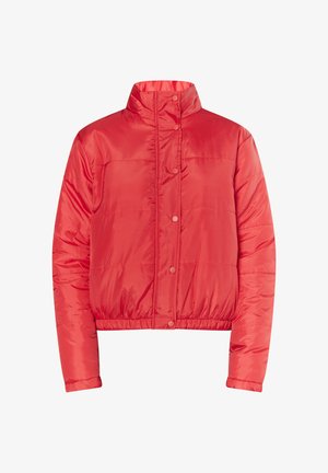 Giacca piumino rossa con colletto alto, bottoni a pressione e orlo elasticizzato. Tessuto liscio e lucido con motivo trapuntato su tutta la superficie.