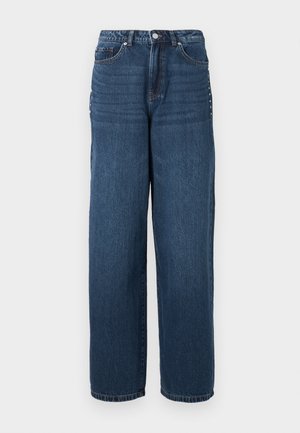Donkerblauwe denim jeans met een losse pasvorm, vijf zakken, en een knoopsluiting met metalen accenten langs de zijnaad.