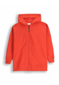 Czerwona bluza rozpinana z dużym kapturem, dwoma przednimi kieszeniami i ściągaczami przy mankietach. Wykonana z miękkiego, gładkiego materiału w luźnym kroju.